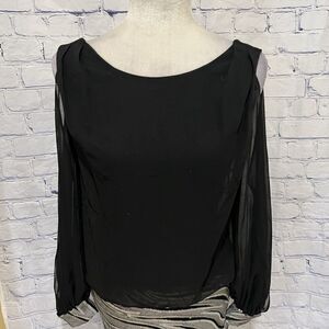 Caché Mini cocktail dress Sheer Bodice Sequin Skirt Cold shoulder SIZE 2 Black